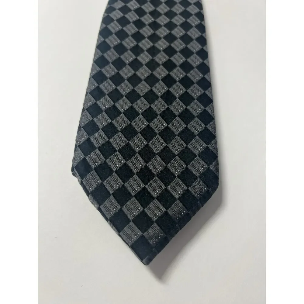 Calvin Klein Men's Necktie Black Gray Checkered Geometric 100% Silk